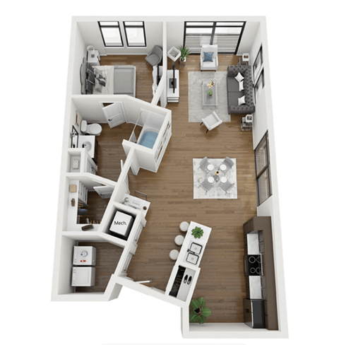a 3d rendering of our 1 bedroom apartment at the crossings at white marsh apartments in white